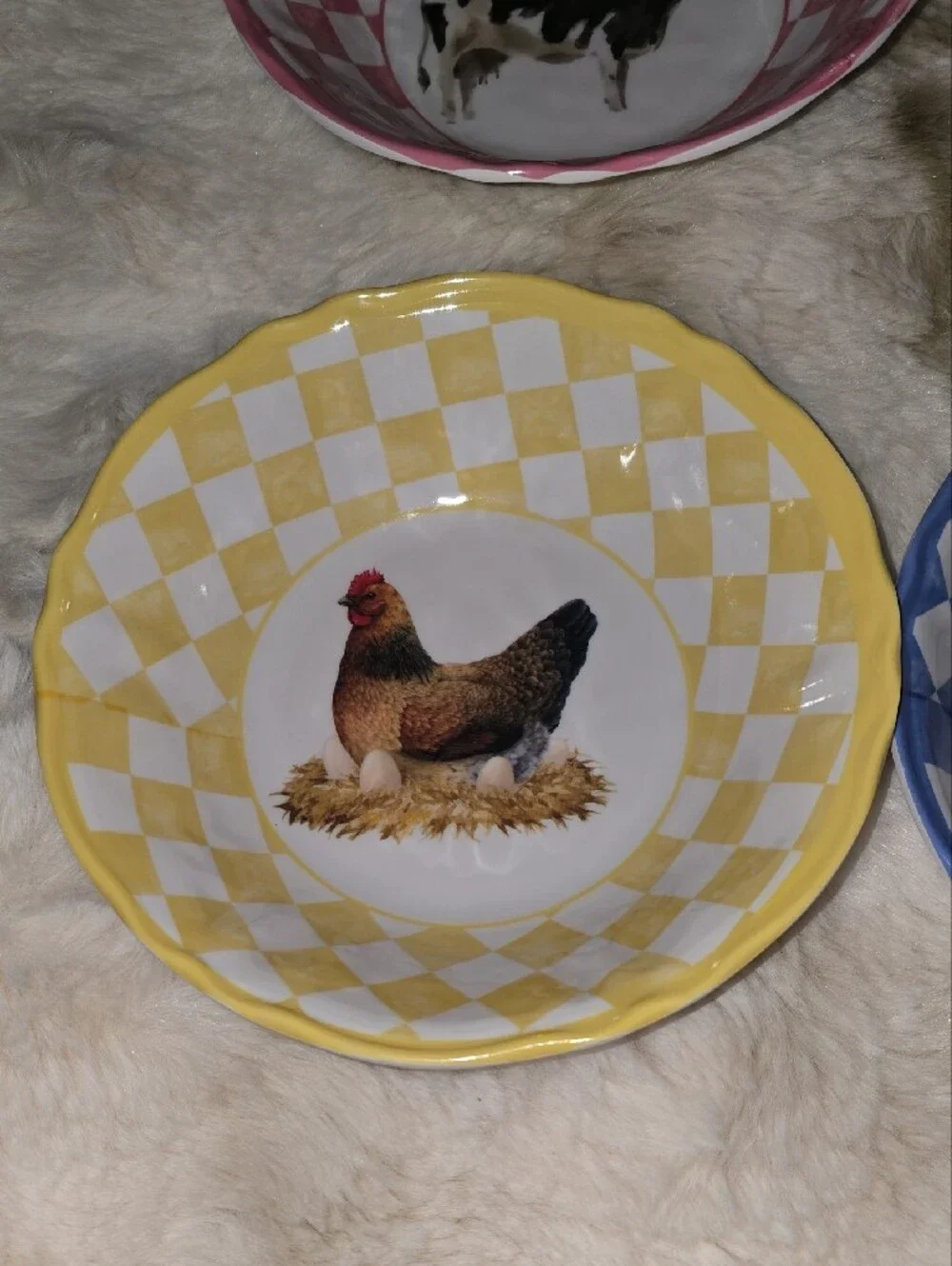 Farmhouse Set of 4 Farm Animal Salad Bowls - Pink, Gray, Yellow, Blue Check